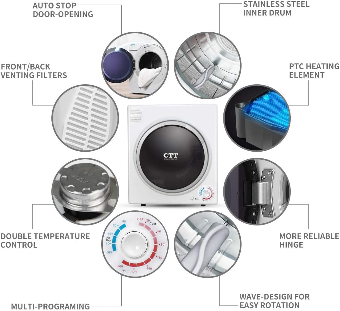 CTT 3.5 Cu. Ft. Clothes Dryer, 1500W Electric Dryers for Clothes, 110V Electric Clothes Dryer with Stainless Steel Drumble for 13.2 lbs. with 4 Automatic Drying Modes (White)