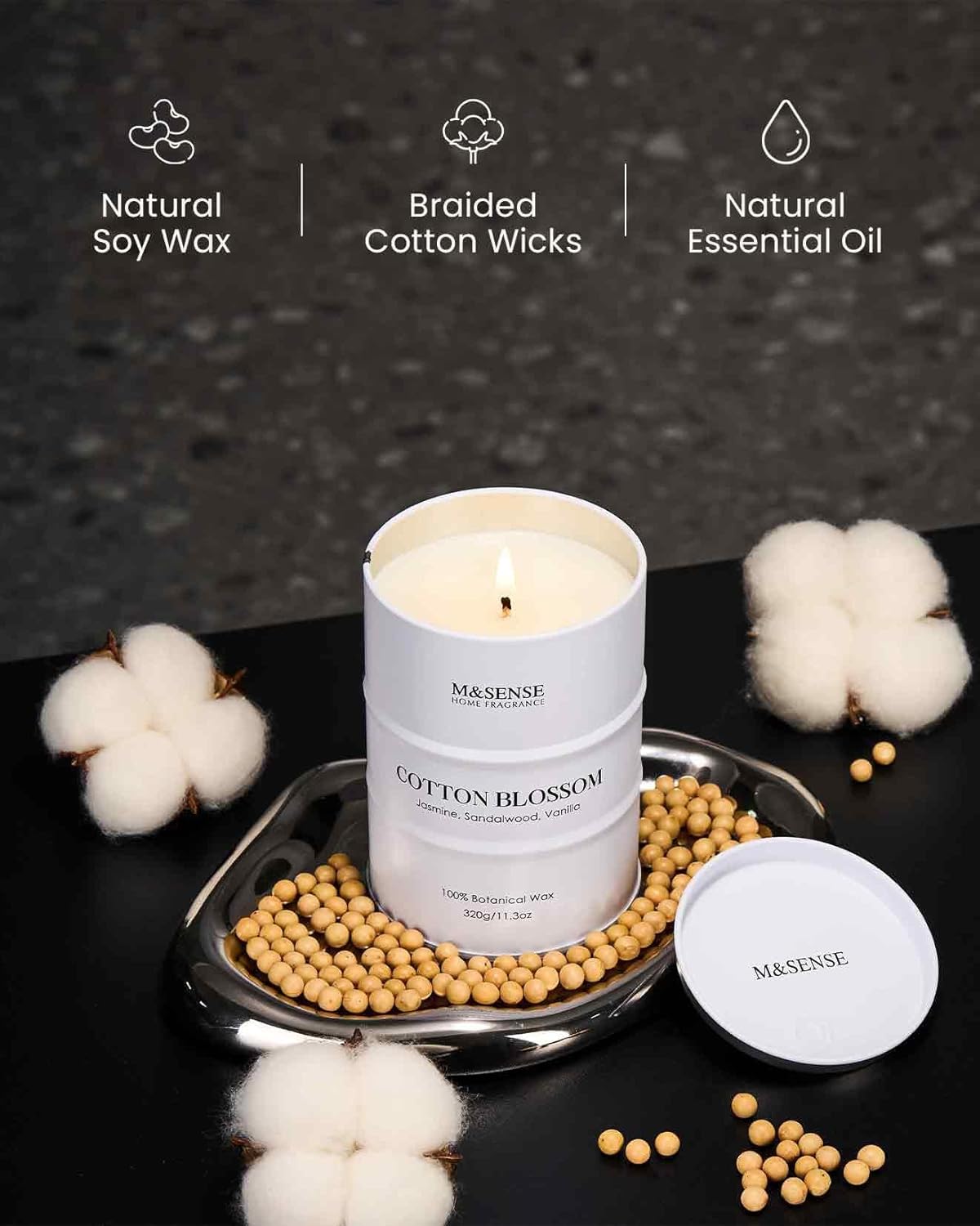 M&SENSE Cotton Blossom Scented Candles Natural Non Toxic, Aromatherapy Candle for Stress Relief Meditation Relaxing, Housewarming Gifts for Women Men, 11.3oz 70 Hour Long Burning
