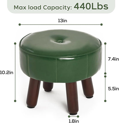 13in Small Foot Stool Ottoman, Round Faux Leather Foot Rest for Couch, Under Desk Pouf Footstool Footrest with Non-Skid Rubber Legs for Ling Room, Bedroom, 13''L x 13''W x 10.2''H, Green