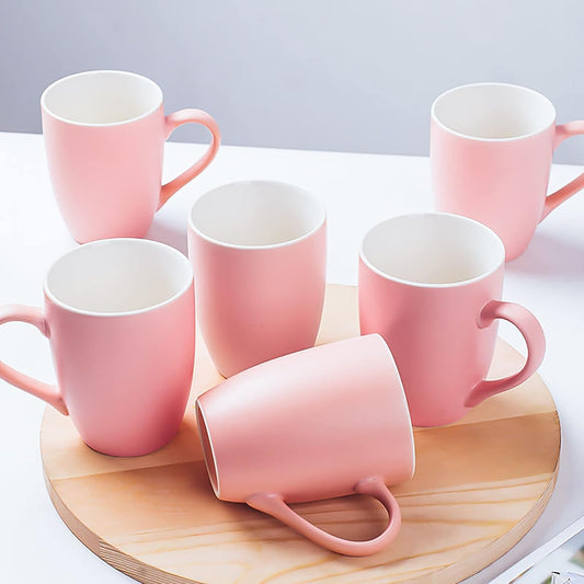 Coffee Mugs Set of 6, 12oz Ceramic Coffee Mugs with Handle, Matte Porcelain Pink Coffee Mug for Latte, Tea, Cocoa, Cappuccino, Cups for Women Men for Home Restaurant Mug (Pink)