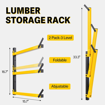 GREENER Lumber Storage Rack Folding Wood Storage Racks Wall-Mounted Metal Racks for Storage with 3-Level Heavy Duty Garage Wood Organizer for Woodworking Shop Indoor & Outdoor Use, 2 pairs,Yellow