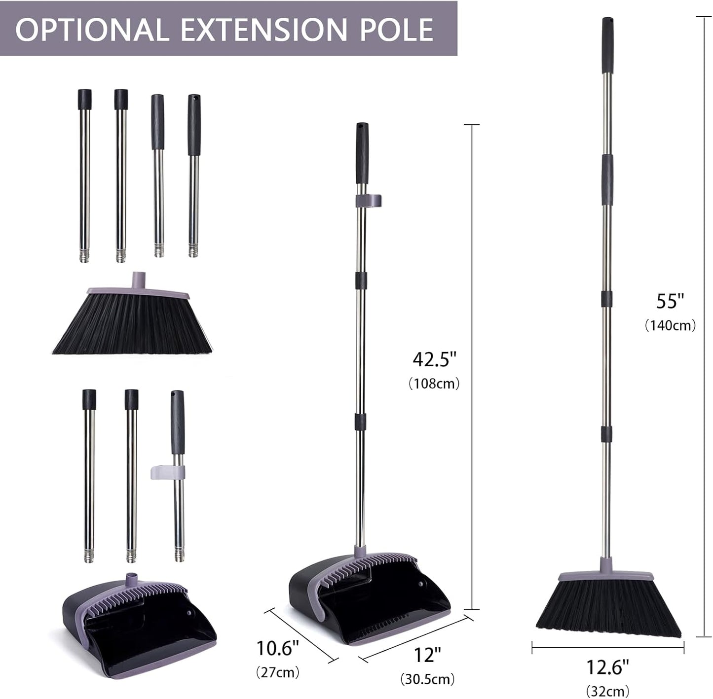 Broom and Dustpan Set, Dustpans with Broom Combo for Home, Heavy Dust Broom and Dustpan Combo, Long Handle Dust Pan and Broom Set for Kitchen, Office, Pet Hair, Charcoal Color, Pack of 1