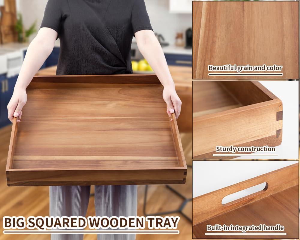 Extra Large Square Wood Tray, Generously 22" Acacia Serving Trays for Large Ottoman Coffee Table, Giant Square Shape Sofa Tray with Handles, Kitchen Organizer Storage Trays Huge Counter Serveware