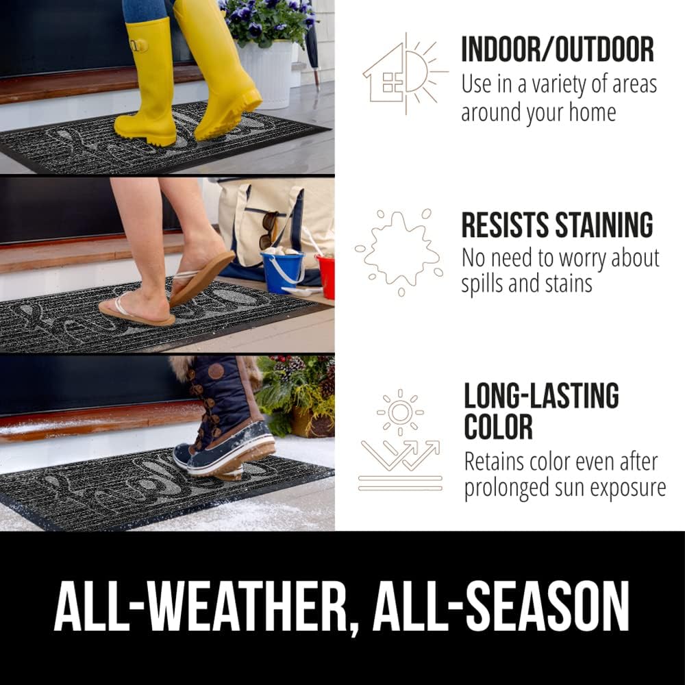 GORILLA GRIP 100% Waterproof All-Season WeatherMax Doormat, US Designed Natural Rubber, Stain and Fade Resistant, Low Profile Indoor Outdoor Door Mats, Easy Clean Patio Mat, 17x29, Charcoal Hello