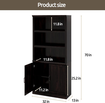 70 Inch Tall Bookcase with Doors, Library Office Bookshelf with Adjustable Shelves, Floor Standing Storage Cabinet for Bedroom Living Room Organizer with Anti Tipping Kit, Dark Cherry Finish