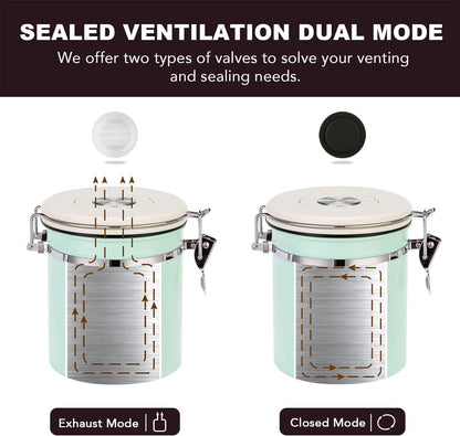 ShanSon Coffee Canister Airtight Coffee Container Stainless Steel Coffee Bean Storage Container with CO2 Release Valve and Scoop Coffee Canister for Beans,Grounds,Sugar,Flour,Tea,Cereal,16OZ,Green