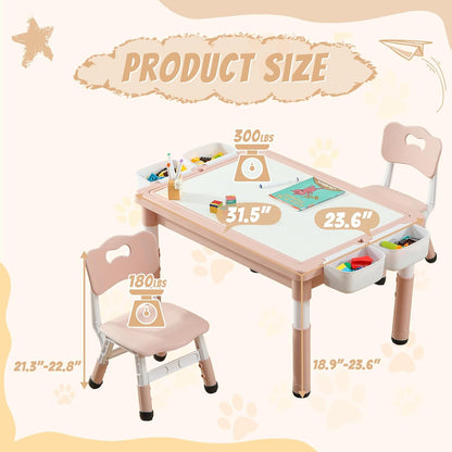 Multi Functional Kids Table and 2 Chairs Set, Graffiti & Building Blocks Double-Sided Tabletop, Toddler Play Table with Drawers, Large Storage Space, Gift for Boys/Girls, Pink