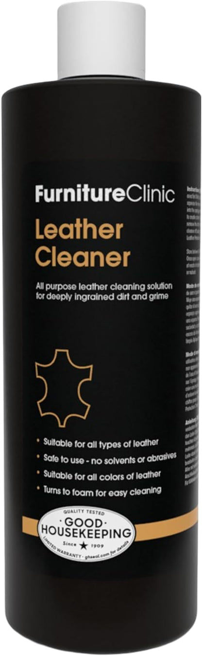Furniture Clinic Leather Cleaner | Non-Toxic | Removes Dirt & Grime | All-Purpose Cleaning Solution for Couches, Car Seats, Purses, Shoes & Saddles | Restores All Leather Types | 17oz / 500ml