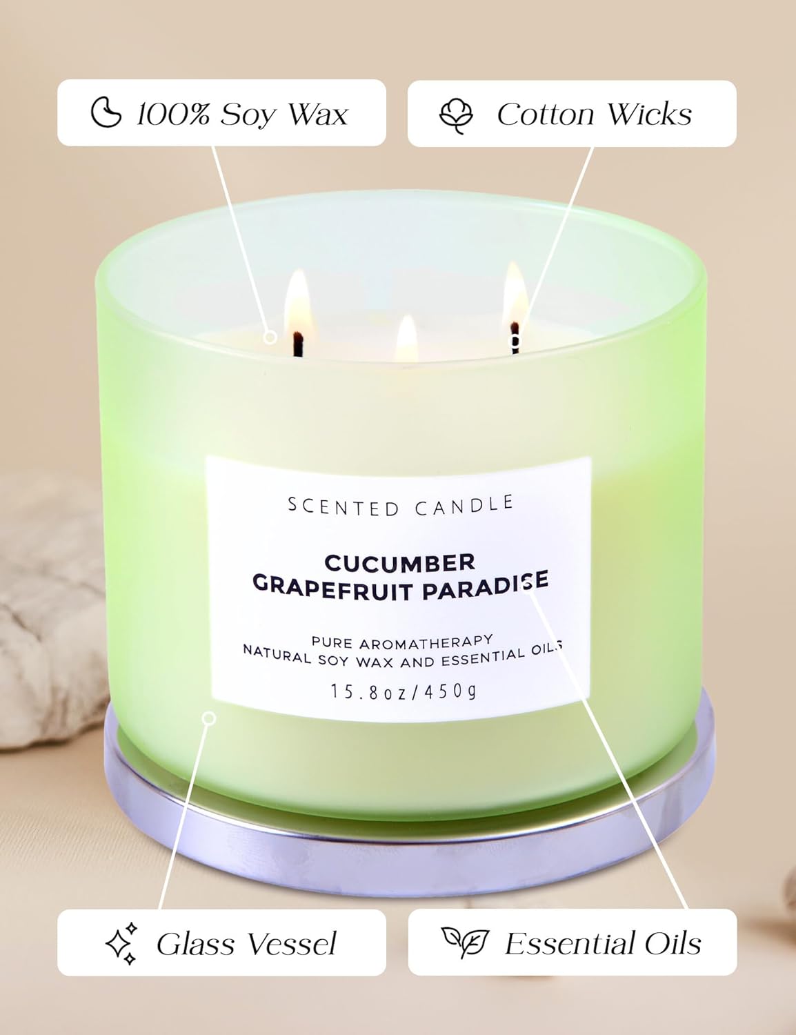 Cucumber Grapefruit Paradise 3-Wick Scented Candle | Large Soy Candle for Home 15.8 oz | Fresh Fruity Citrus Summer Aromatherapy Candle, Long Lasting Stress Relief & Relaxation Candles for Men & Women