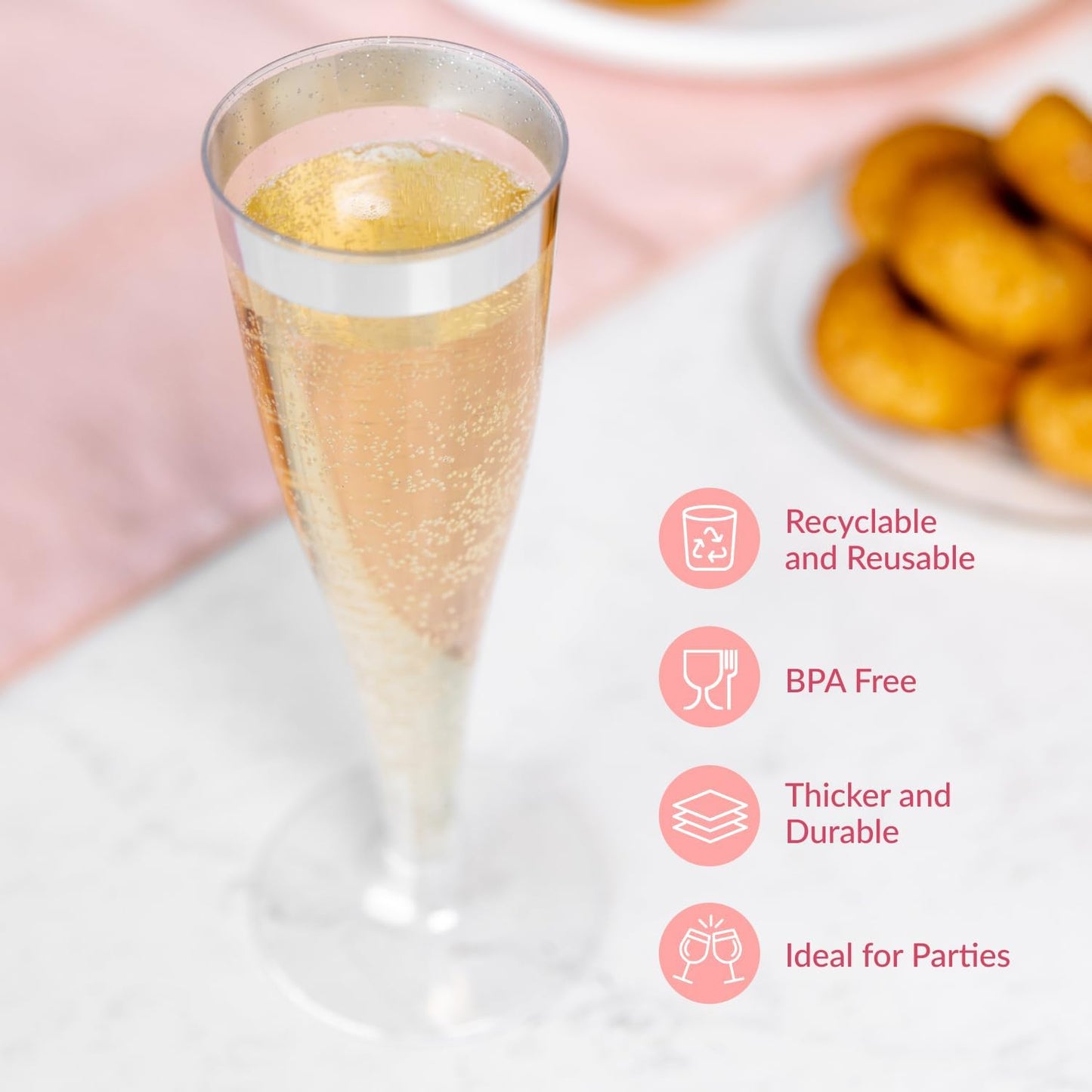 Prestee Set of 24 Silver Glitter Plastic Champagne Flutes - 4.5 oz Capacity - Shatterproof Durable Disposable Glasses - Elegant Design - Ideal for Weddings, Cocktail Parties, and Outdoor Celebrations