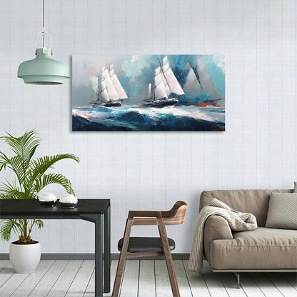 RUISHI Ocean Wall Art For Living Room Abstract Sailboat Canvas Nautical Painting Teal Blue Textured Print Coastal Themed Picture Artwork for Bedroom Bathroom Home Office Decoration 40L x 20W