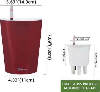 Dexceder 6x7 Self Watering Planter Indoor Outdoor, High Gloss Table Flower Plant Pot with Water Level Indicator (Wine Red)