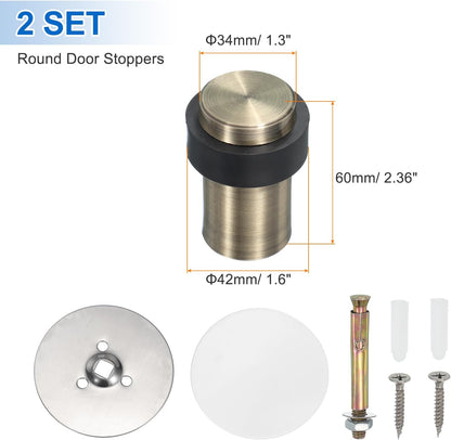 PATIKIL 2Set Round Door Stoppers, 60mm Stainless Steel Door Stop Doorstop Wedge Metal Cylinder Self Adhesive with Screw for Bottom of Door Floor Inside, Bronze