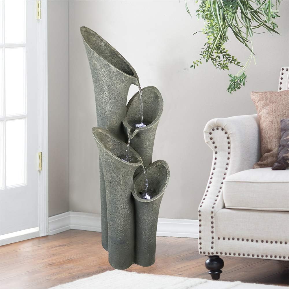 Faux Stone Patio Water Fountain 33 1/2", Bell 4-Tier Cascading Floor Fountain Indoor Outdoor Waterfall Feature with LED Lights for Home Garden Decor