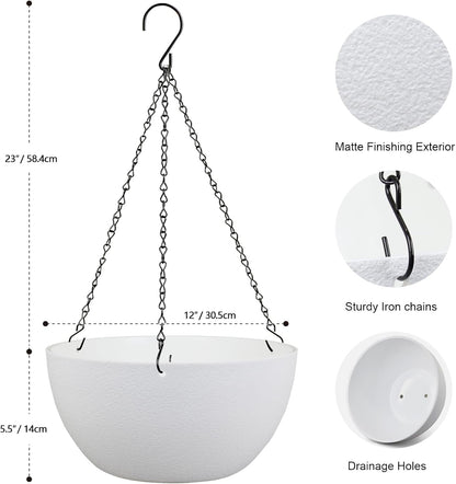 12 inch Large Hanging Planters for Indoor Outdoor Plants, 2 Pack Hanging Flower Pots with Drainage Holes and Chain for Garden Porch, Plastic Hanging Baskets for House Plants, White