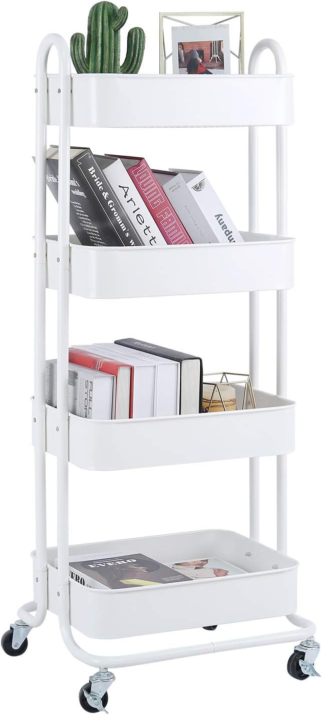 Melody House 4-Tier Metal Mesh Utility Rolling Cart Storage Organizer Shelf Rack with Lockable Wheels for Living Room Kitchen Office, White