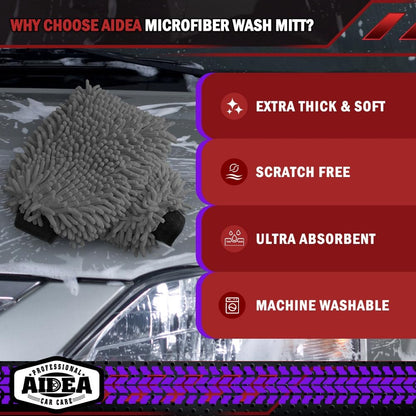 AIDEA Car Wash Mitt Microfiber, 1PK Scratch Free Lint-Free, Premium Chenille Microfiber Sponge Mitt Car Wash Brush, Grey, Regular Size 7.12''X10.14''