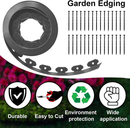 Landscape Edging,33ft x 4inch Tall Plastic Garden Edging Border with 30 Spikes,Lawn Edging for Landscaping Flower Bed,Yard,Patio-Grey