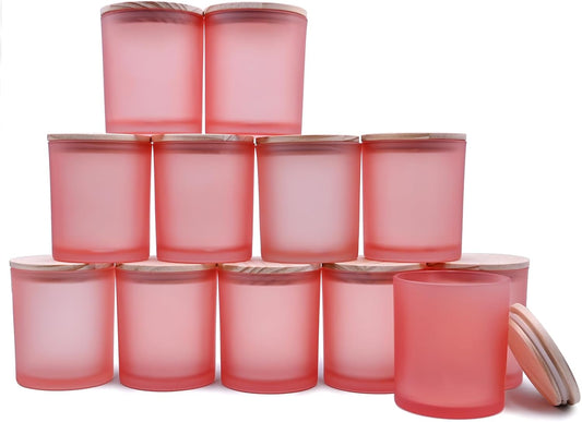SHOWIN 14 OZ Thick Candle Jars for Making Candles 12 Pcs, 3 Wick Empty Jars with Wood Lids for Candle Making, Sample Container, Frosted Pink