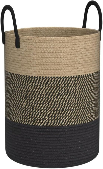 YOUDENOVA Woven Rope Laundry Hamper Basket, 58L Tall Laundry Basket for Blanket Organizer- Clothes Hamper for Bedroom Storage, Baby Kids Nursery Hamper-Large-Black & Brown