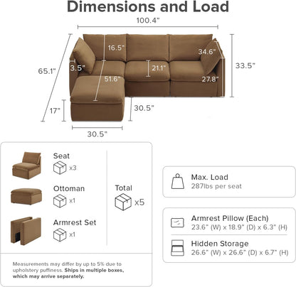mopio Oversized Modular Sectional Sofa with Fully Removable Covers and Storage, Convertible U, L-Shaped and Sleeper Sectional, Modern Couches with Ottoman Chaise (Hazelnut Velvet, 4 Seats, L)