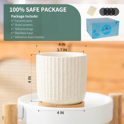 TAMAYKIM 4 Inch Ceramic Plant Pots with Drainage Holes, Modern Flower Planter with Saucer for Indoor Plants, Succulent, Cactus & Herbs, Beige, Set of 4 (Plants Not Included)