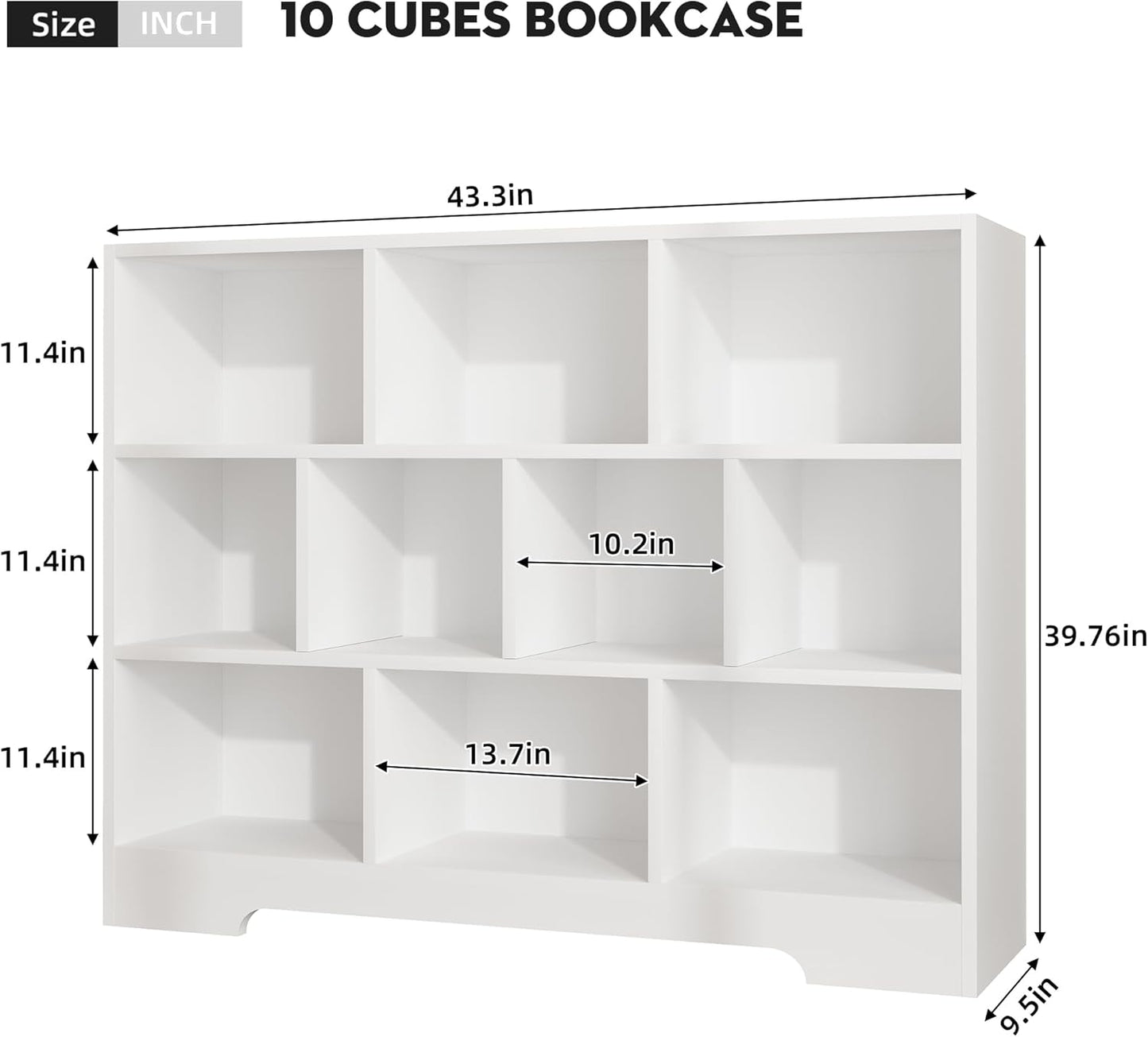 Book Shelf, 10 Cubes Storage Organizer, 3-Tier Open Shelf Wooden Bookcase, Freestanding White Bookshelf Cube Shelf for Bedroom, Living Room, Home Office
