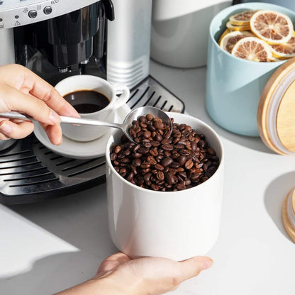 Sweejar Kitchen Canisters Ceramic Food Storage Jar Set, Stackable Containers with Airtight Seal Wooden Lid for Serving Ground Coffee, Tea, Herbs, Grains, Sugar, Salt - Set of 4 (White)