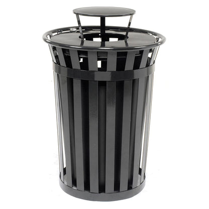 Global Industrial Heavy-Duty 36 Gallon Capacity Outdoor Metal Slatted Trash Receptacle with Rain Bonnet Lid & Plastic Liner, Black, Commercial & Industrial Trash Can