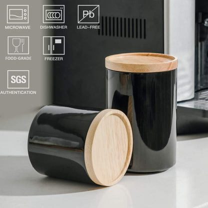 Sweejar Kitchen Canisters Ceramic Food Storage Jar, Stackable Containers with Airtight Seal Wooden Lid for Serving Ground Coffee, Tea, Sugar, Salt and More - 16 Fl Oz (Black)