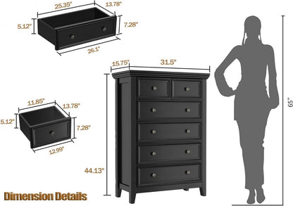 BLANKSPACE Black Dresser, 6 Chest Drawer Dresser for Bedroom, Large Capacity Nightstand, Modern Wood Cabinet for Bedroom, Living Room, Closets