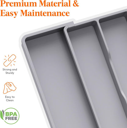 Lifewit Utensil Organizer for Kitchen Drawers, Expandable Cooking Utensil Tray, Adjustable Cutlery Silverware Flatware Holder, Plastic Kitchen Spatula Tools and Gadgets Storage Divider, Large, Gray