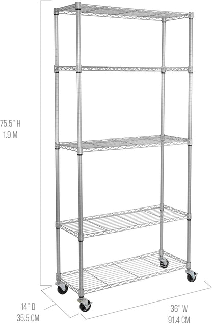 Seville Classics UltraDurable Heavy Duty NSF Solid Steel Wire Rack Storage Unit, Organizer for Garage, Warehouse, Office, Restaurant, Classroom, Kitchen, Silver, 5-Tier Shelving, 36" W x 14" D
