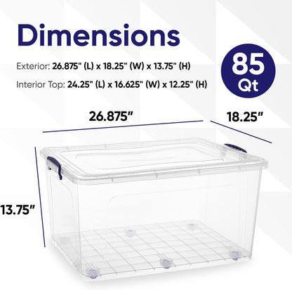 Superio Clear Storage Boxes with Wheels (2 Pack), 85 Qt Heavy Duty Containers with Lids, Stackable Rolling Bins for Home, Garage, Closet Organization- Linen, Tools, Clothing, Supplies