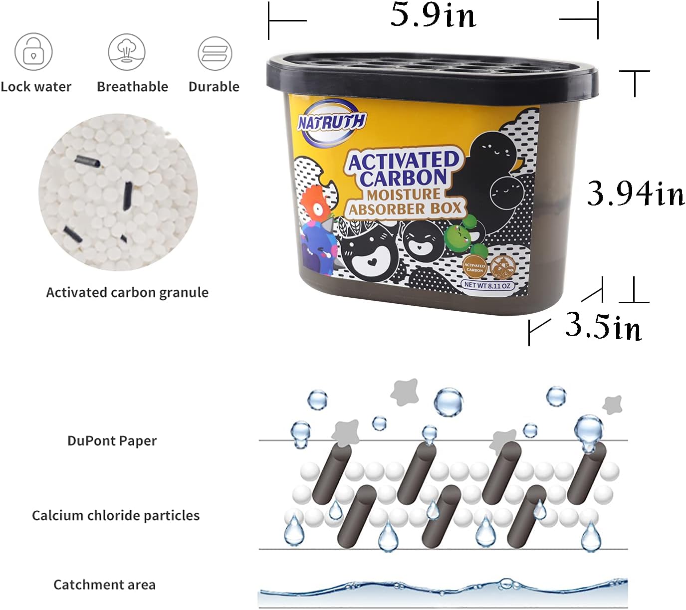 NATRUTH 500mL Moisture Absorber boxes, Closet Dehumidifier, Eradicate Odor,Dehumidifiers and Air Freshener for Closet,Shoes Box, Bathrooms, Kitchen & Study, Boats,RVs (Activated Charcoal, 9 packs)