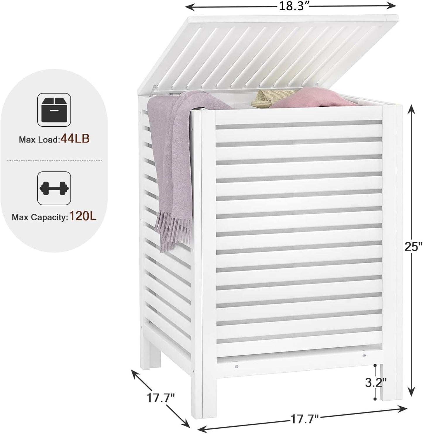 Homykic Bamboo Laundry Hamper with Lid, 120L Large Clothes Laundry Sorter with Removable 2-Section Liner Bag, Raised Laundry Basket Organizer for Clothing, Bathroom, Bedroom, Laundry Room, White