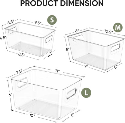 BALEINE Clear Plastic Storage Bins, Pantry Organization, BPA Free Stackable Refrigerator Organizers and Storage with Handles for Kitchen Fridge Cabinet Bathroom (8PK, 9.5x5.5x4.5)