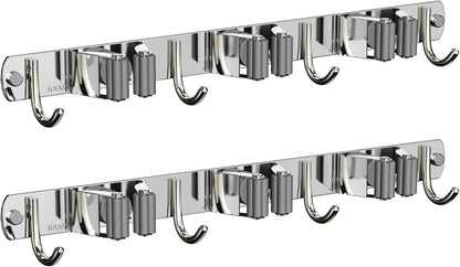 2 Pack Mop and Broom Holder Wall Mount, Non-slip Broom Hanger, Heavy Duty Mop Broom Organizer for Kitchen Garden Garage Laundry Room Wall Decor Organization and Storage Silver 3R4H