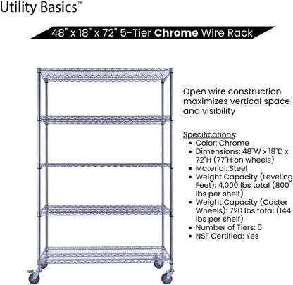 48"x18"x72" Chrome 5-Tier PREMIUM Wire Shelving NSF 4000 LBS MAX CAPACITY Heavy Duty Steel Storage Rack for Warehouses, Garages, Hospitals, Commercial Spaces, & Schools w/PREMIUM WHEELS