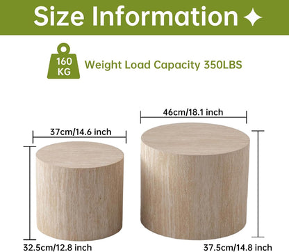 Round Nesting Coffee Table, Drum Wood Coffee Table Set of 2 Travertine-Color, Modern Nesting Tables Circle Center Table 2 Piece for Small Spaces Living Room Bedroom Balcony Office, No Assembling