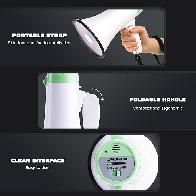 MyMealivos Portable Megaphone Bullhorn 20 Watt Power Megaphone Speaker Voice and Siren/Alarm Modes with Volume Control and Strap (White&Green)
