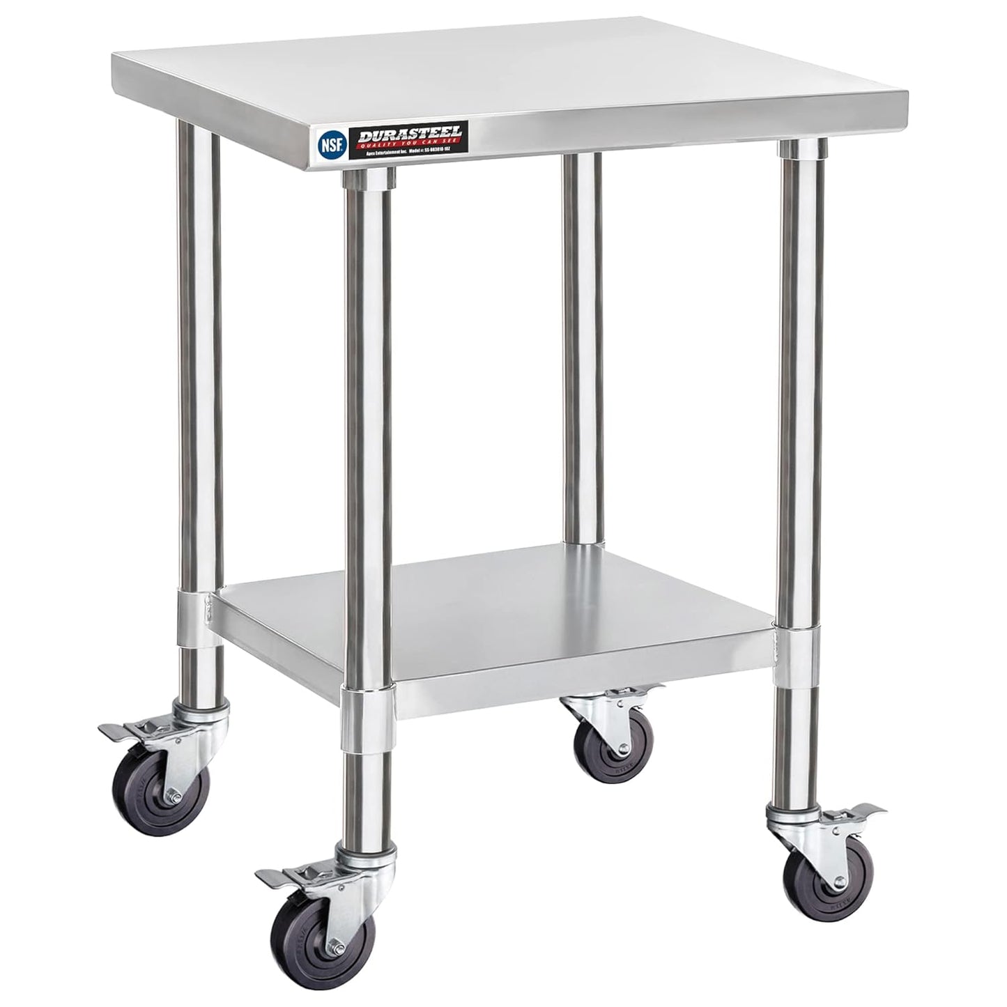 DuraSteel 30x18 NSF Stainless Steel Cart Work Table - Heavy Duty Rolling Food Prep Table - Metal Utility Cart on Wheels Caster, Grill Stand Microwave Outdoor Kitchen Tables Countertop Island Large Top