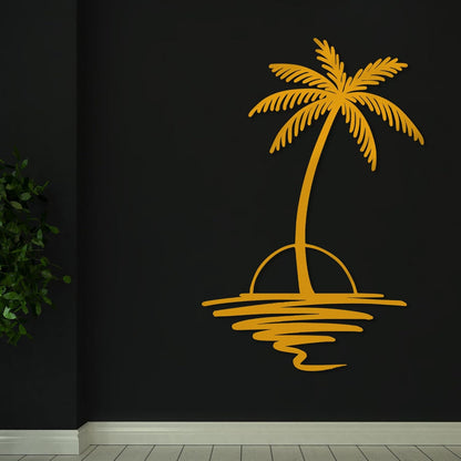 Metal Palm Tree with Sunset Wall Art, Large Outdoor Wall Decor, Tropical Beach Coastal Decor for Living Room, Bedroom, Garden Home Wall Sign, Perfect Metal Wall Art for Beach House, Coastal Theme, and Home Decoration (Gold, 40 x 33 inches)