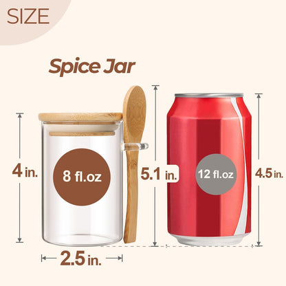 ComSaf Spice Jars with Spoon 8 oz 6Pack, Small Spice Containers Starter Set, Glass Seasoning Jars with Labels, Round Seasoning Containers for Salt, Pepper, Chili Powder, Sugar, Loose Tea Storage