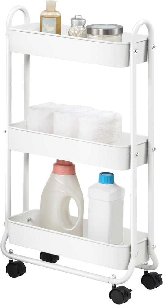 SunnyPoint Slim Rolling Storage Cart, 3 Tier Bathroom Storage Organizer Bathroom, Laundry Utility Cart (White)