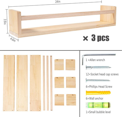AZSKY Nursery Book Shelves 24 Inch Rustic Natural Wood Floating Shelves,Wall Book Shelves for Farmhouse,Bathroom Décor,Kitchen Spice Rack or Book Shelf Organizer for Home Décor,a Set of 3 Same Sizes