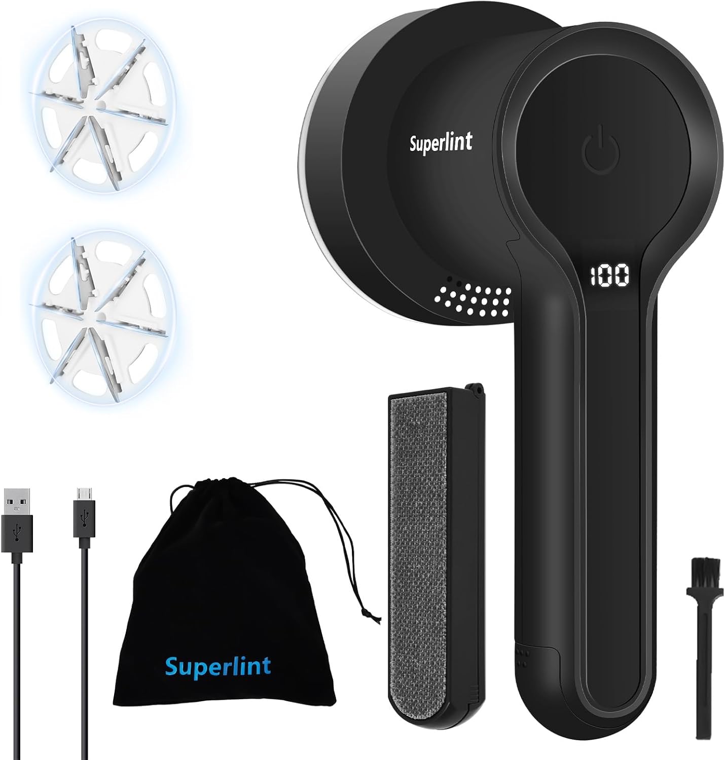 SUPER LINT Electric Fabric Shaver Electrostatic Brush, LED Display, 3-Speeds, Rechargeable Sweater Shavers to Remove Pilling for Clothing, Couch, Furniture, Black