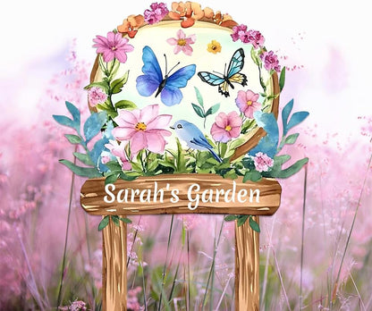 Personalized Watercolor Garden Metal Sign with Stake,Custom Gardener Last Name Signs Outdoor Decor,Customized Birds Gardening Gifts for Mom,Butterfly Flowers Plaques for Patio Lawn Porch Yard Garage