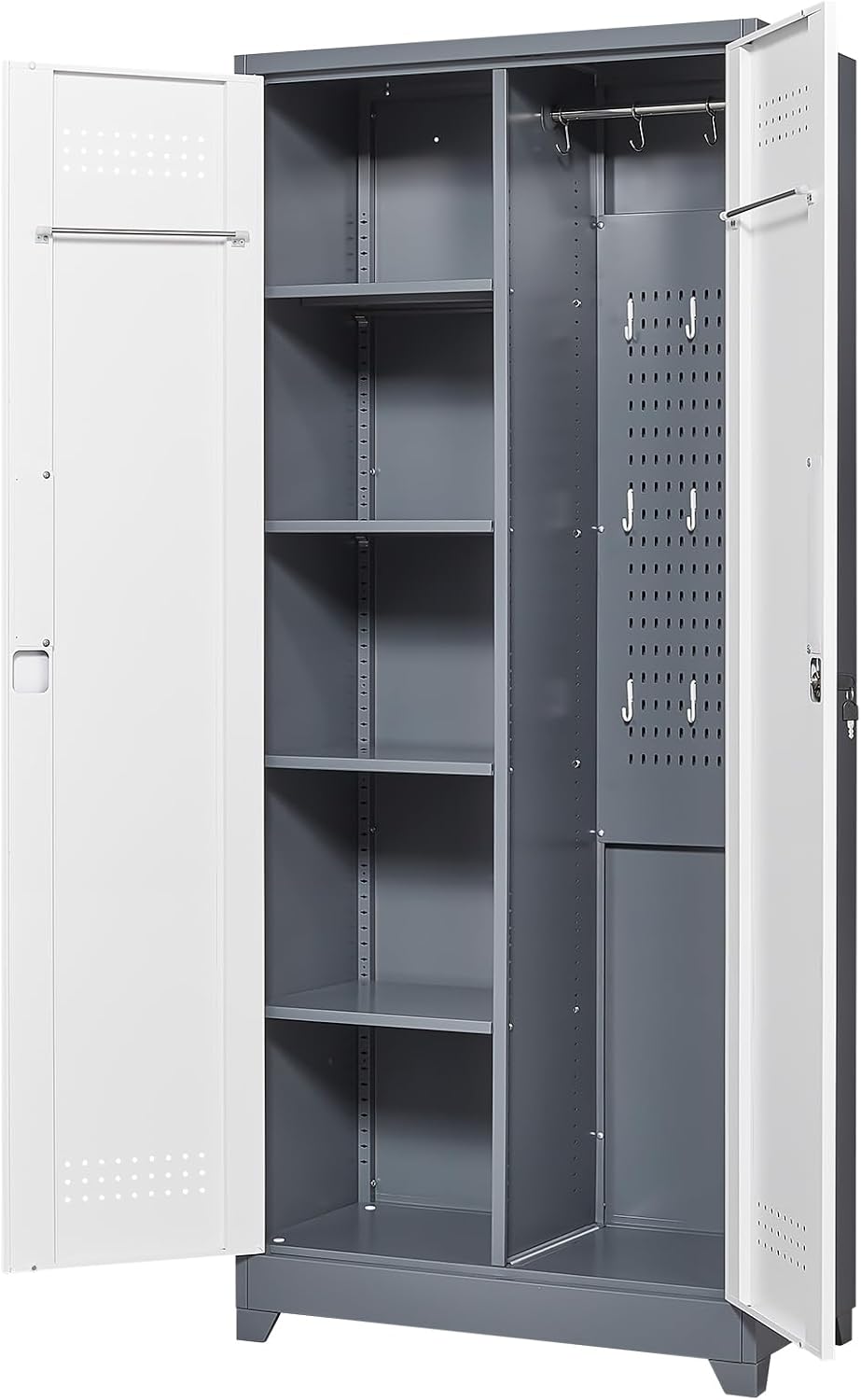 Locking Cabinet,Metal Storage Cabinet with Doors and Shelves,Broom Closet Storage Cabinets for Bedroom,Home Office,Grey-White