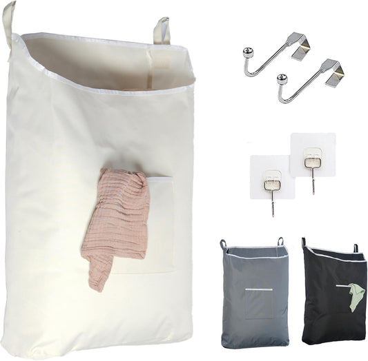 The Fine Living Co. Hanging Laundry Hamper with Over Door Hooks & Adhesive, Durable Space Saving Laundry Bag with Zipper and Wide Open Top, Hanging Dorm Laundry Hamper 18"x4.75"x28" (Beige-L)